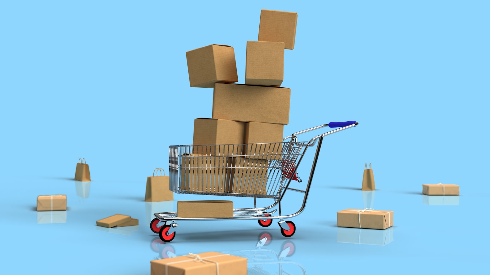 Warenkorb mit Paketen als E-Commerce-Motiv