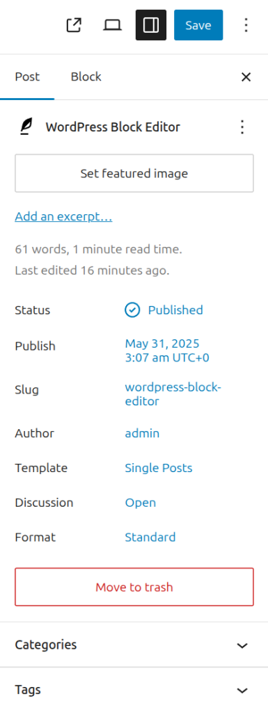 WordPress Beitragseinstellungen im Block Editor