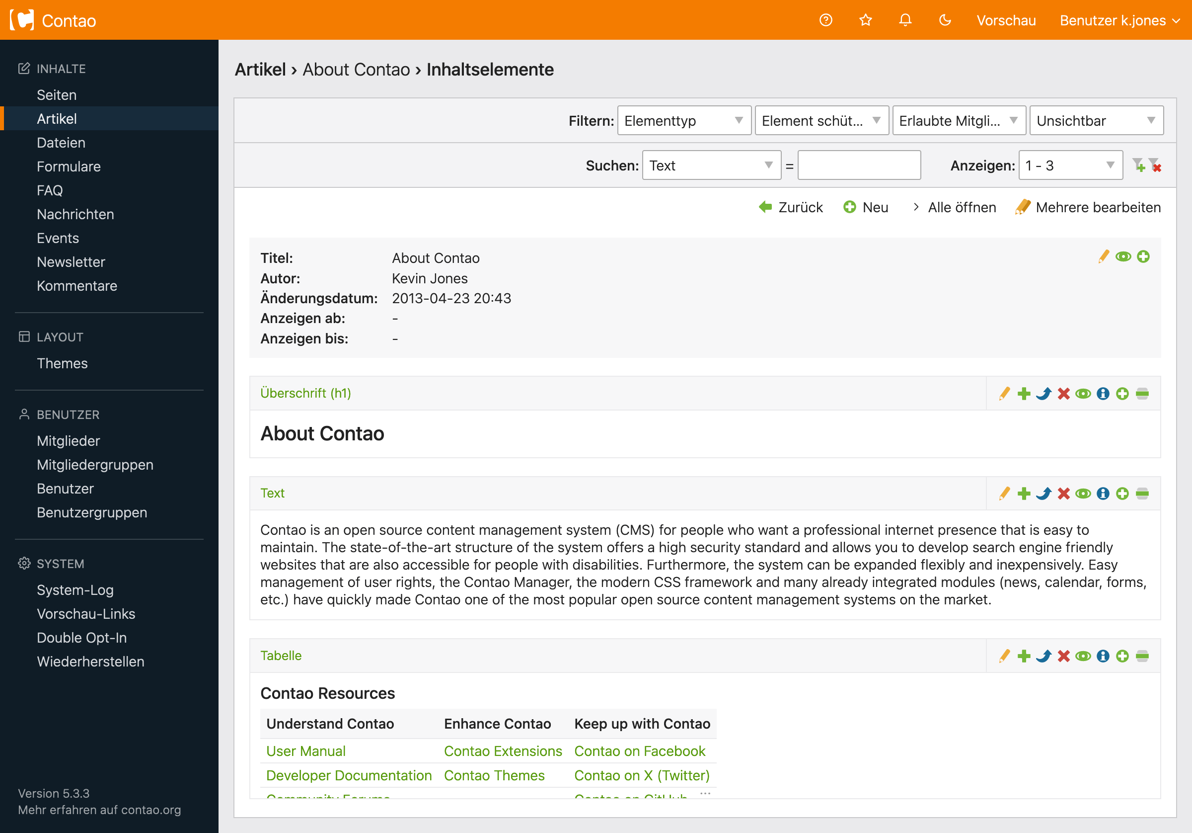 Contao Backend mit Artikelbearbeitung